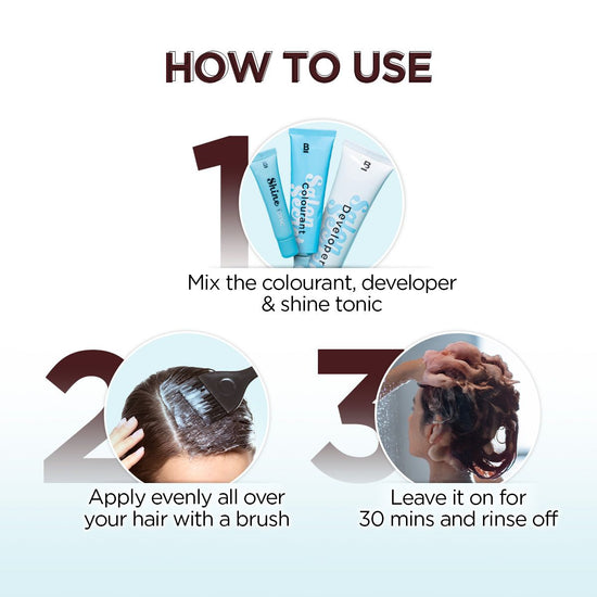 Contents of the BBlunt hair colour kit including colourant, developer, and shine tonic.