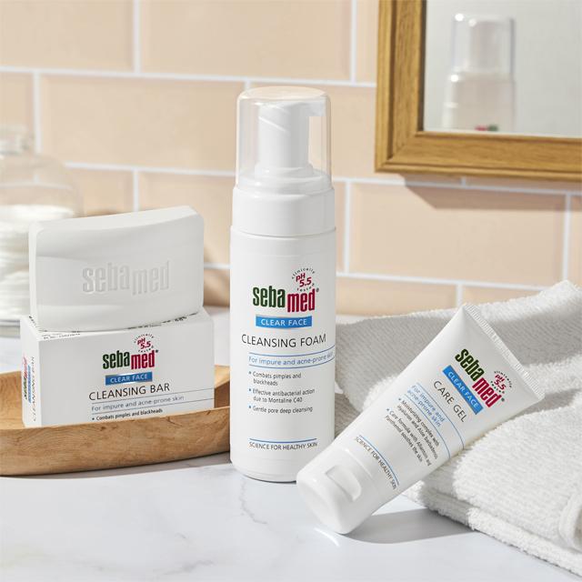Sebamed Clear Face bar on bathroom counter with clean towel