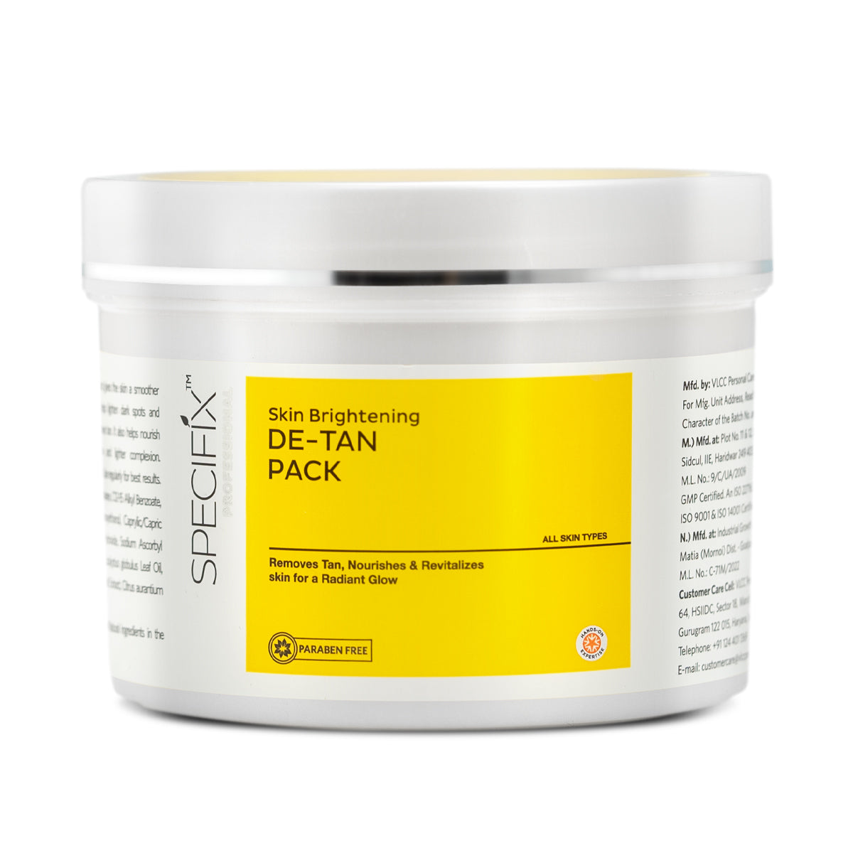 Skin brightening de-tan pack container with yellow label on a white background