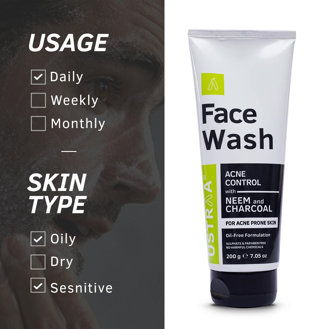 Ustraa Face Wash Acne Control - With Neem & Charcoal, 200g
